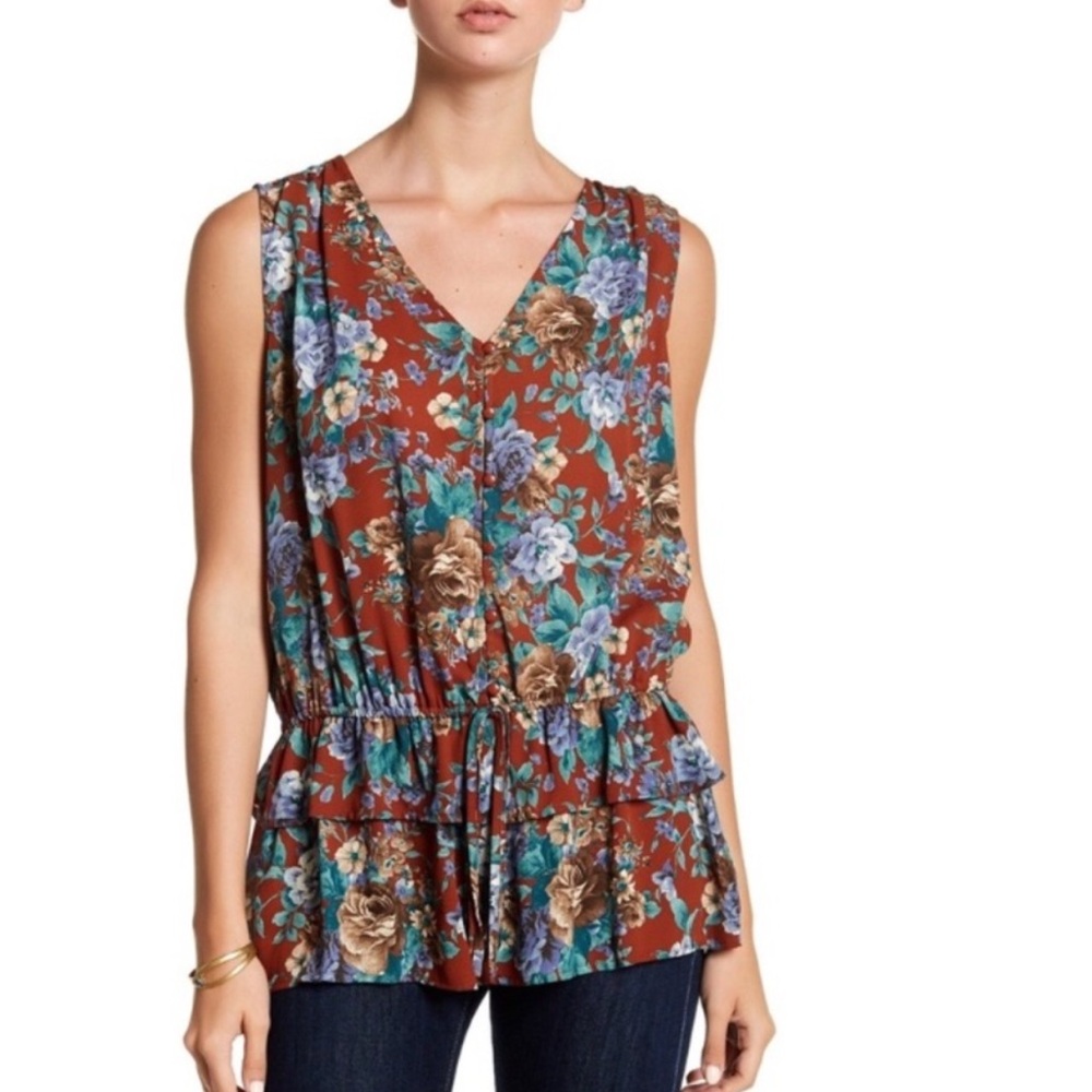 Anthropologie Pleione Floral Ruffle Peplum Tank Top Blouse Large